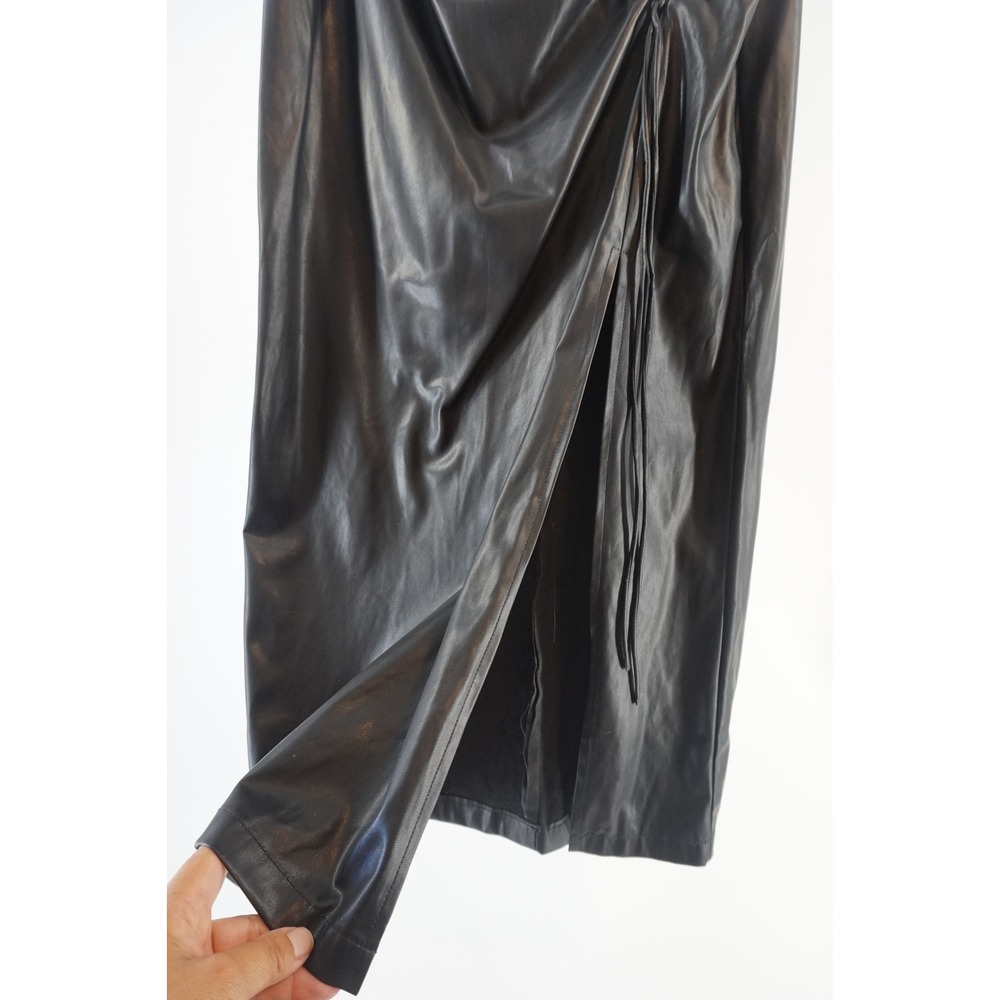 MICAS Faux Leather Ruched Side Slit Midi Skirt date Night Chic Black L - Picture 2 of 7